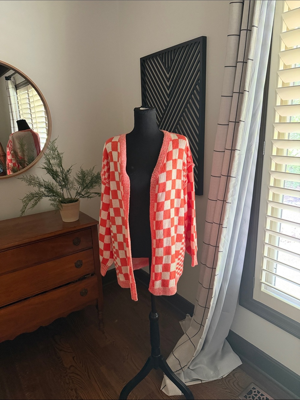 Cozy Casual orange  Checkerboard open Cardigan m/l